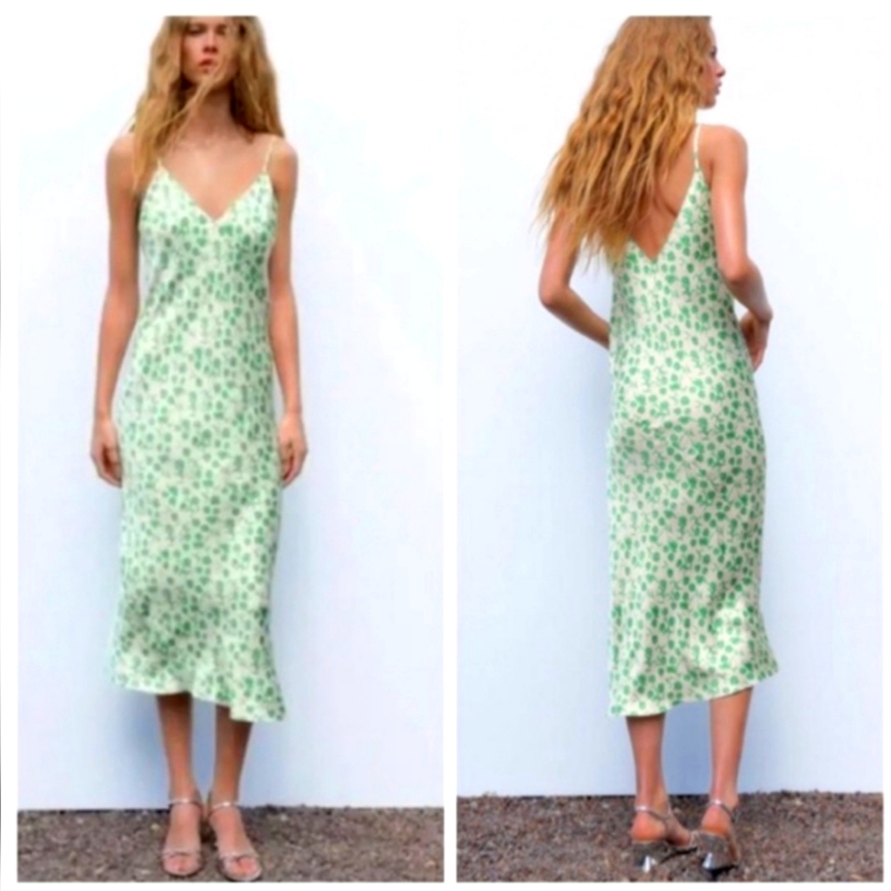 NWT Zara Lara Satin maxi slip dress in  Green Floral low V Back xs/small